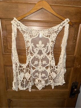 Ivory Crochet Lace Vest • Sheer Floral Back Panel